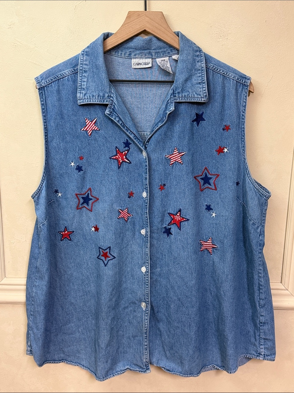 Vintage Cabin Creek denim button-down sleeveless blouse, 4th of July